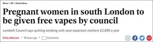 英国一市议会决定为孕妇免费提供电子烟以戒烟，健康活动人士批其“莫名其妙”